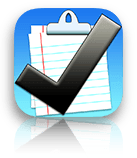 The Finished application's logo which is a clipboard with several sheets of white ruled paper with a large check mark overlayed.