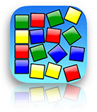 The RandoMeister icon with a reflection under it. The icon consists of a 4 x 4 array of colored squares which start ordered and become jumbled.