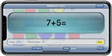 A thumbnail of a landscape iPhone displaying a screen from RandoMeister showing the addition problem 7+5.